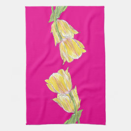 Gelbe und rosa Tulpen auf einem lebendigen rosa Kü Geschirrtuch