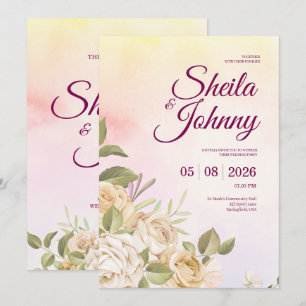 Gelbe und rosa Wasserfarbene Eleganz Hochzeit Einladung