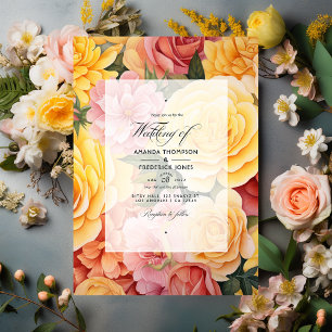 Gelbe und rosafarbene florale Hochzeit Einladung