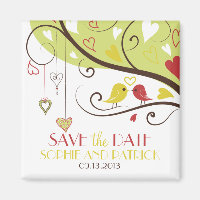 Gelbe und rote Lovebirds speichern das Datumsmagaz