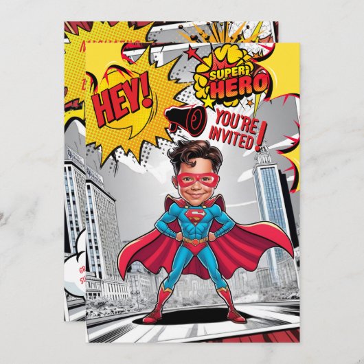 Gelbe und rote Superhelden-Karikatur Einladung (Vorne/Hinten)
