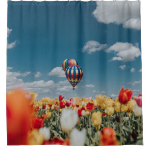 Gelbe und rote Tulpe Blume unter Heißluftballon Duschvorhang