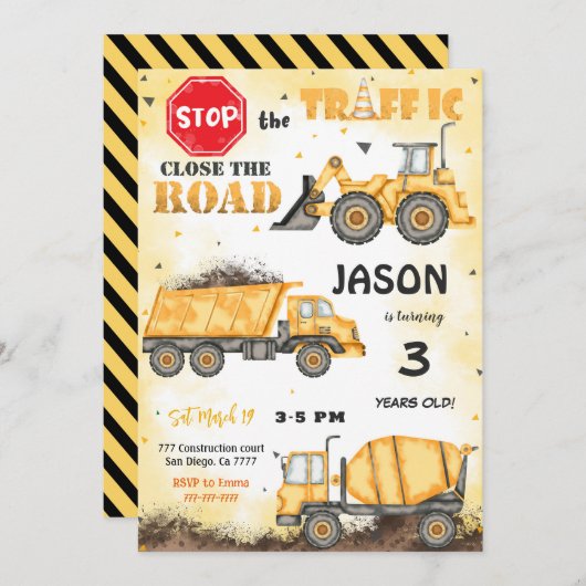 Gelbe und schwarze Bauweise Geburtstagseinladung Einladung (Vorne/Hinten)