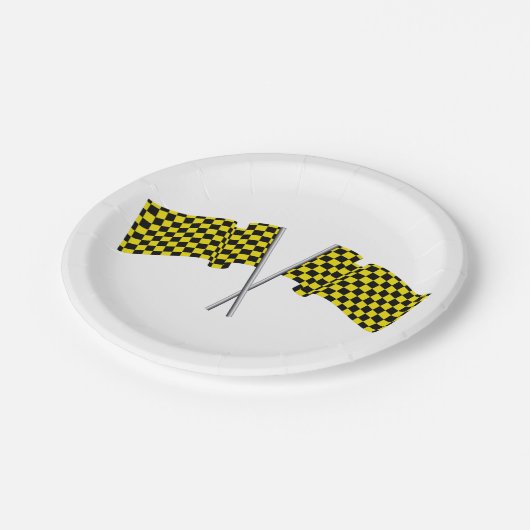 Gelbe und schwarze Racefahnen Pappteller (Schrägansicht)