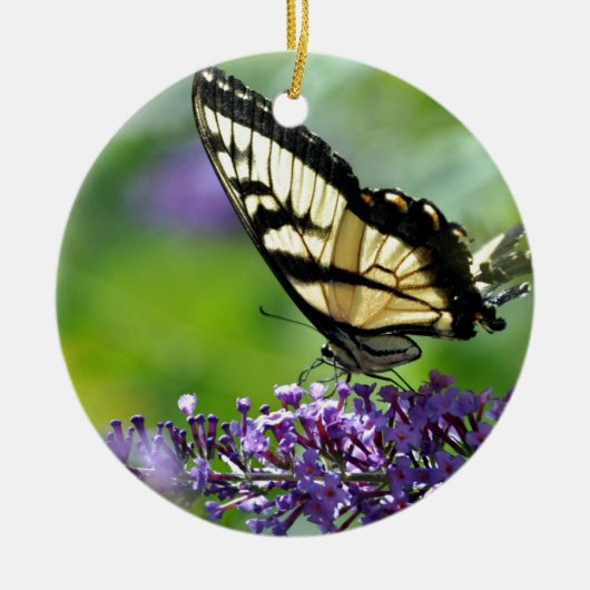 Gelbe und schwarze Schmetterlinge auf dem Lavendel Keramik Ornament (Vorne)