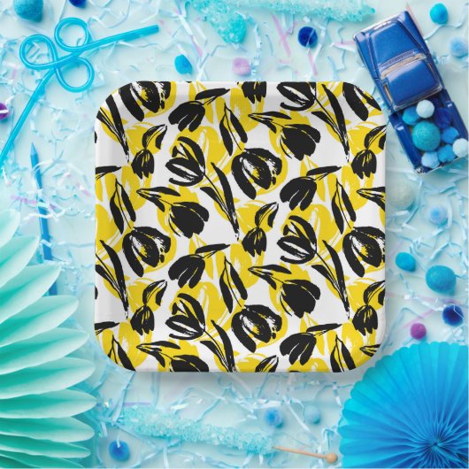 Gelbe und schwarze Tulpen Pappteller (Party)