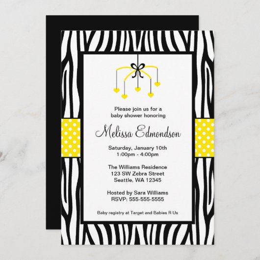 Gelbe und schwarze Zebra-Herz-Babydusche Einladung (Vorne/Hinten)