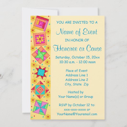 Gelbe und türkisfarbene Patchwork Quilt Block Art Einladung (Rückseite)