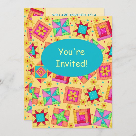 Gelbe und türkisfarbene Patchwork Quilt Block Art Einladung (Vorne/Hinten)