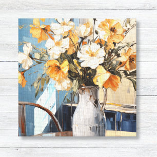 Gelbe und weiße Blume in Vase Blue Wall Leinwanddruck
