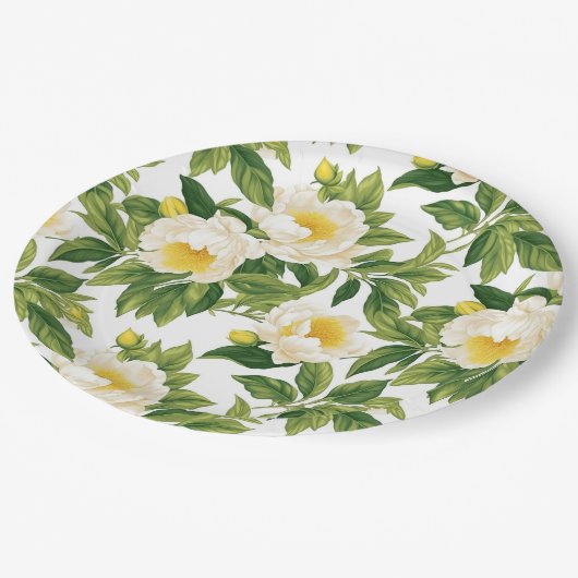 Gelbe und weiße Claire de Lune-Pioniere Pappteller (Schrägansicht)