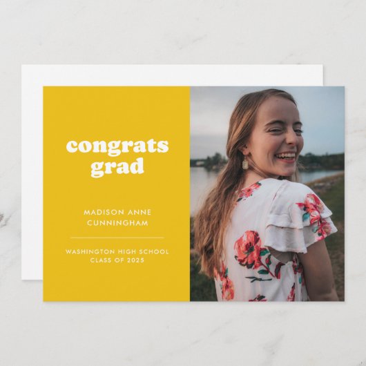 Gelbe und weiße Glückwünsche Grad Foto Abschluss Ankündigung (Vorne/Hinten)