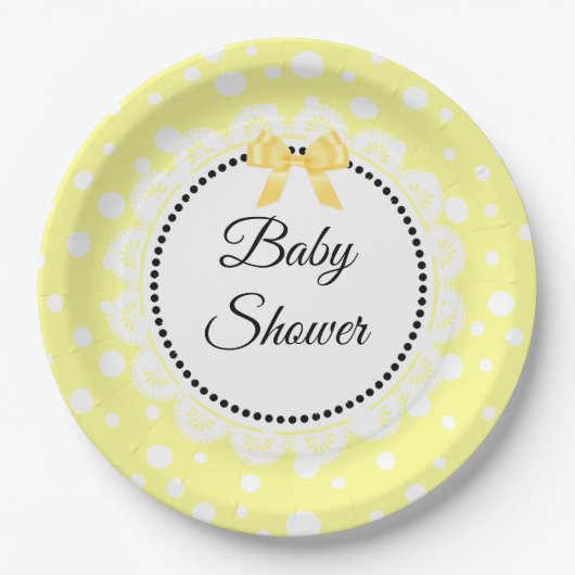 Gelbe und weiße Polka Dot Babydusche Papierplatte Pappteller (Vorderseite)