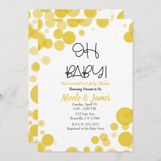 Gelbe und weiße Polka Dot Blasen OH BABY Dusche Einladung (Vorne/Hinten)