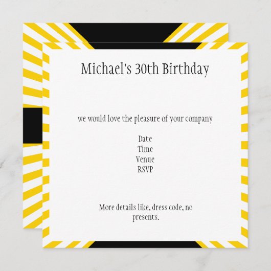 Gelbe und weiße Retrostreifen mit schwarzem Geburt Einladung (Vorne/Hinten)