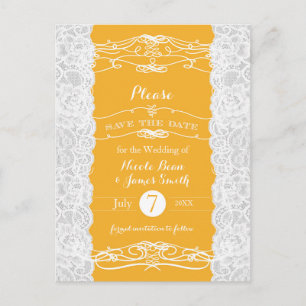 Gelbe und weiße Spitze Elegante Hochzeit Save-the- Ankündigungspostkarte