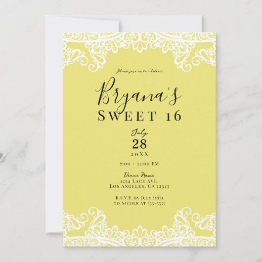 Gelbe und weiße Spitzen Elegant Sweet 16 Party Einladung (Vorderseite)