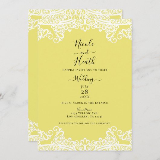 Gelbe und weiße Spitzen Elegante Hochzeit Einladung (Vorne/Hinten)