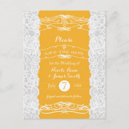 Gelbe und weiße Spitzen Elegante Hochzeit Save the Ankündigungspostkarte