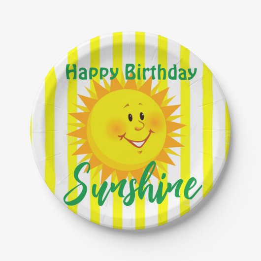 Gelbe und weiße Streifen Glücklich zum Geburtstag Pappteller (Vorderseite)
