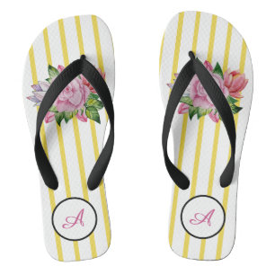 Gelbe und weiße Streifen mit rosa Rosen Badesandalen