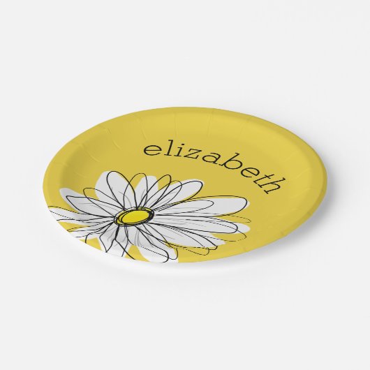 Gelbe und weiße weiße, weißliche Daisy mit benutze Pappteller (Schrägansicht)