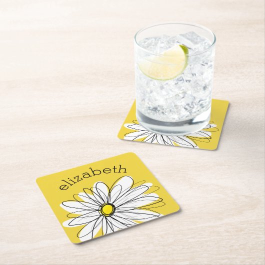 Gelbe und weiße weiße, weißliche Daisy mit benutze Rechteckiger Pappuntersetzer (Vor Ort)