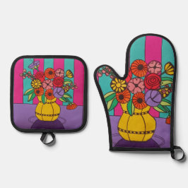 Gelbe Vase Ofenhandschuh & Topflappen-Set