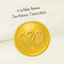 Gelbe verschlungene Zwei-Herzen-Monogramm-Hochzeit Runder Aufkleber