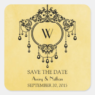 Gelbe Vintage Kronleuchter-Save the Date Aufkleber