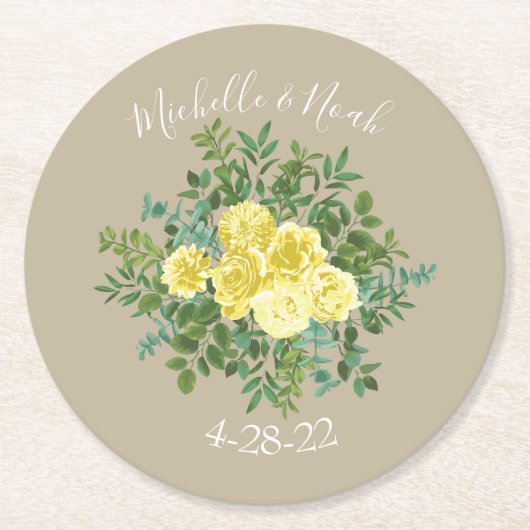 Gelbe Vintage Rose Elegante Hochzeit Runder Pappuntersetzer (Vorderseite)