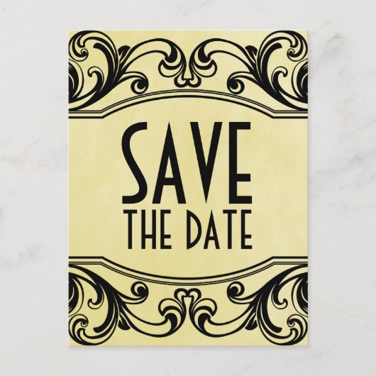 Gelbe Vintage Wirbel Save the Date Postkarte (Vorderseite)