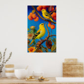 Gelbe Vögel auf einem Zweig Poster (Küche)
