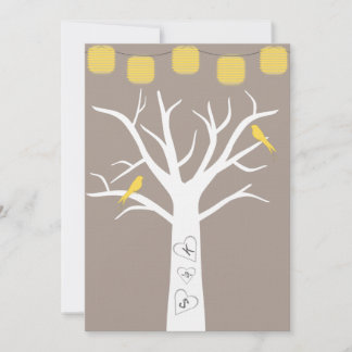 Gelbe Vögel in einem Baum und Papiergeländer Hochz Einladung