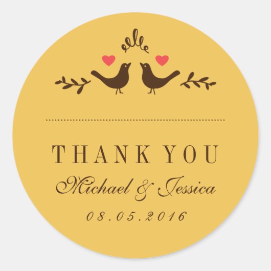 Gelbe Vögel Kleines Herz Hochzeit Dankeschön Stick Runder Aufkleber (Vorderseite)