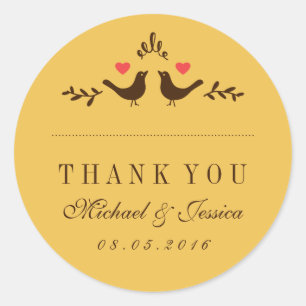Gelbe Vögel Kleines Herz Hochzeit Dankeschön Stick Runder Aufkleber