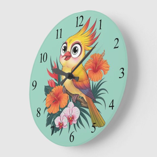 Gelbe Vögel mit Blume Große Wanduhr (Winkel)