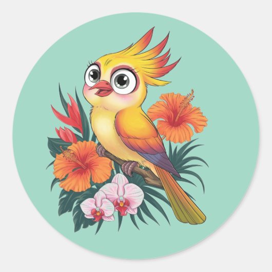 Gelbe Vögel mit Blume Runder Aufkleber (Vorderseite)