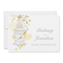 Gelbe Vögel öffnen Käfig Brauteinladung