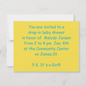 Gelbe Vogelbaby-Dusche Einladung (Rückseite)