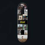 Gelbe Vorlage zum Hinzufügen von Namen Schwarz-Fot Skateboard<br><div class="desc">Anpassbare Skateboard mit einer Fotovorlage, zu der Sie zwölf eigene Fotos und Ihren Namen in einem bedrückten gelben Grunge Schriftart auf schwarzem Hintergrund hinzufügen können. Cooles Foto Collage Skateboard personalisiert mit Ihrem Namen und 12 Fotos in verschiedenen Größen und Formen. Zeigen Sie Ihre Lieblingsfotos beim Skate mit diesem personalisierten Skateboard,...</div>