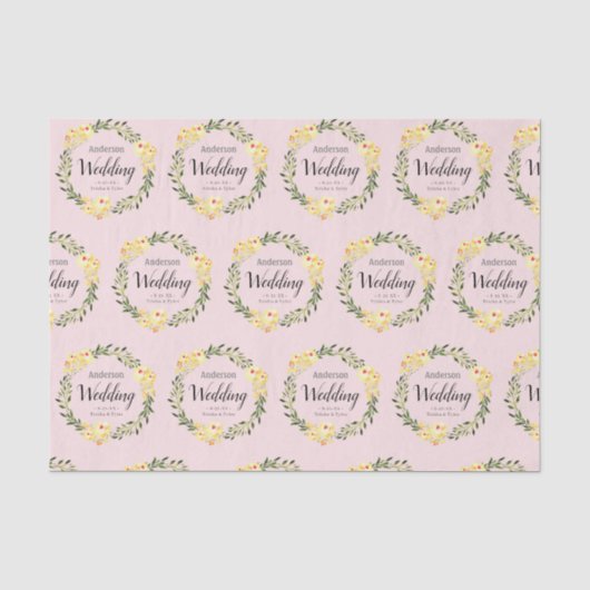 Gelbe W/C-Blume - Namen und Datum Rosa Hochzeit Seidenpapier (Vorderseite)