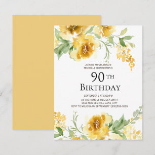 Gelbe Wasserfarbe Blumengrün 90. Geburtstag Einladung
