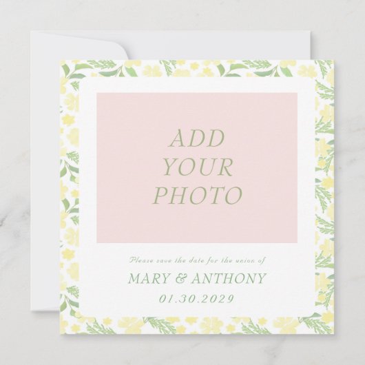 Gelbe Wasserfarbe Elegante Hochzeit mit Flora Save The Date (Rückseite)