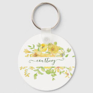 Gelbe Wasserfarbe floral personalisiert   Schlüsselanhänger