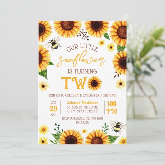 Gelbe Wasserfarbe Sonnenblume Zwei Jahre alt Gebur Einladung (Stehend Vorderseite)