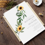 Gelbe Wasserfarbe Sonnenblumen und Hochzeit von Wi Einladung<br><div class="desc">Feiern Sie Ihre besondere Hochzeit im Landhausstil mit unserem eleganten Country-Stil Sonnenblumen-Hochzeitsdesign. Unser Design besticht durch handbemalte, goldgelbe Sonnenblumen, weiße cremefarbene Blumen und natürliche Vegetation, die in diesem eleganten Landhausstil gestaltet wurden. Details zu den Einladungen sind wunderschön gestaltet, um diese einfache und elegante Hochzeitseinladung im Landhausstil zu kreieren. Alle Blume...</div>