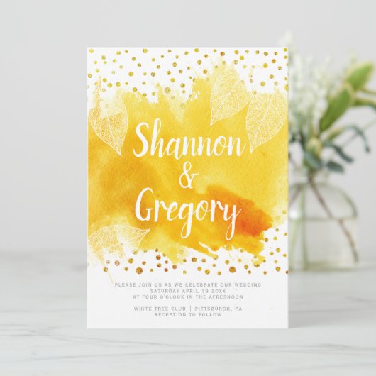 Gelbe Wasserfarbe und Blätter Goldmedaille Einladung (Stehend Vorderseite)