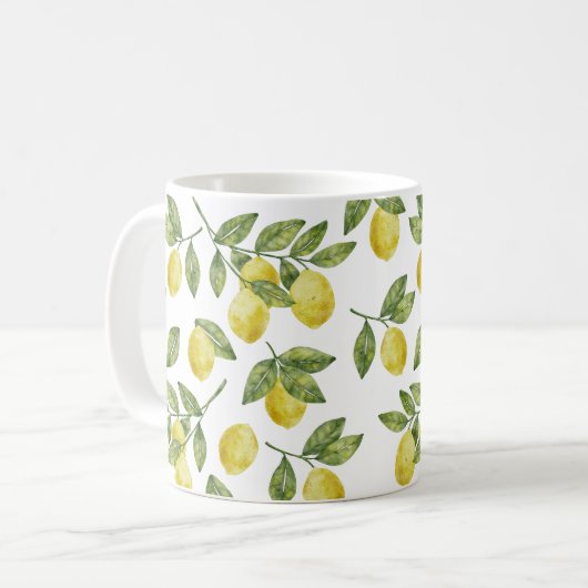 Gelbe Wasserfarben-Zitronen mit grünen Blätter Kaffeetasse (Vorderseite Links)