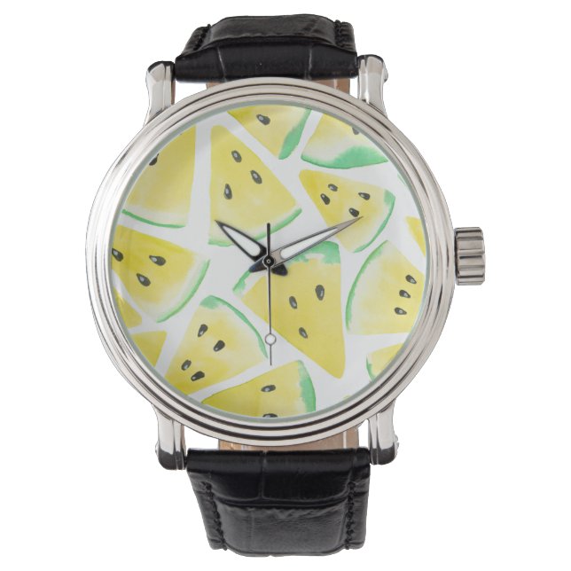 Gelbe Wassermelonen-Schnittmuster Armbanduhr (Vorderseite)